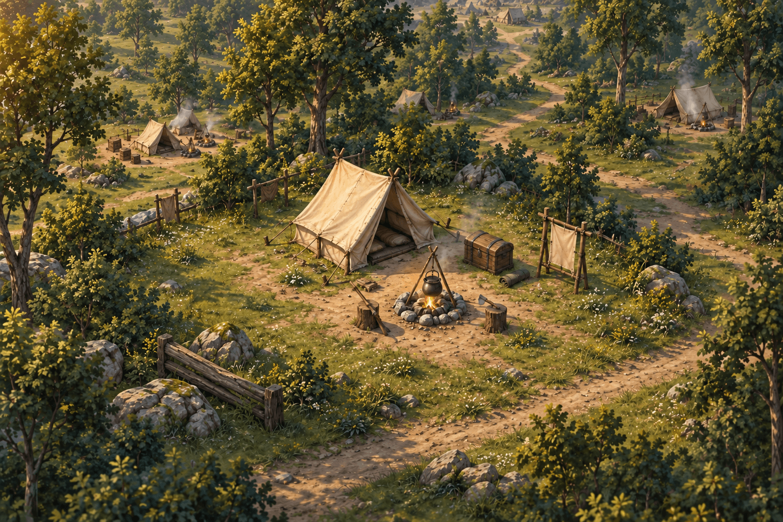 Concept view of a basic citizen campsite among inland trees