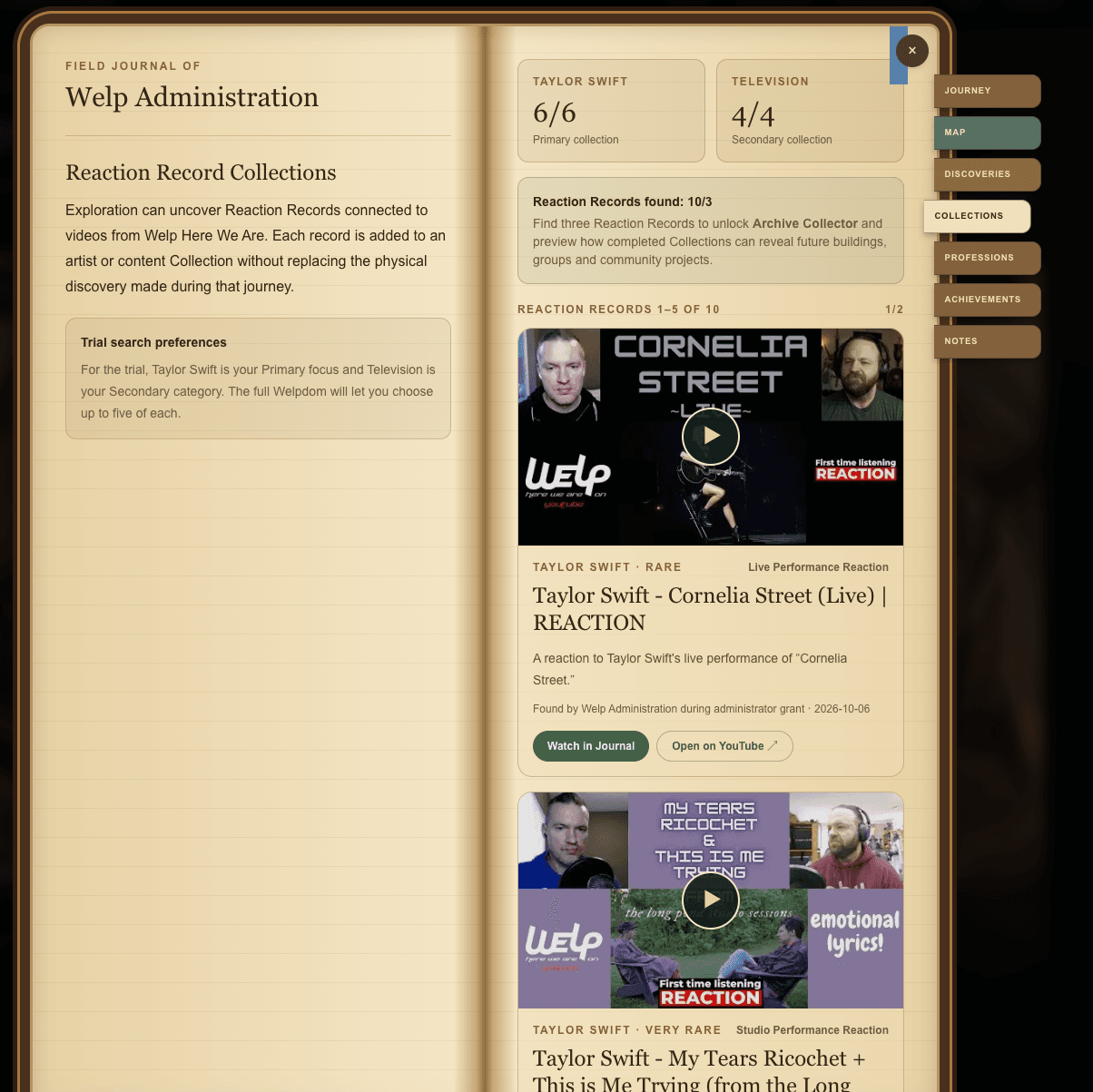 Founding Trial Field Journal displaying recovered Taylor Swift and television Records with their original video thumbnails