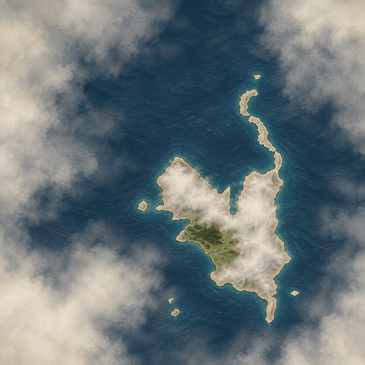 Concept map of the starting island with most provinces obscured by mist