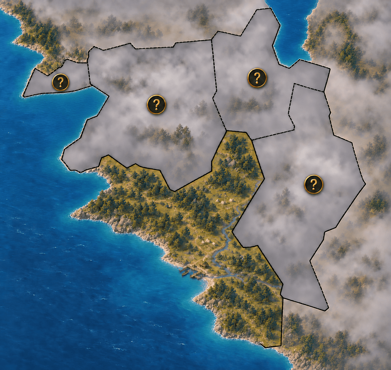 Starting province map with Welp Central revealed and four neighbouring counties hidden beneath mist