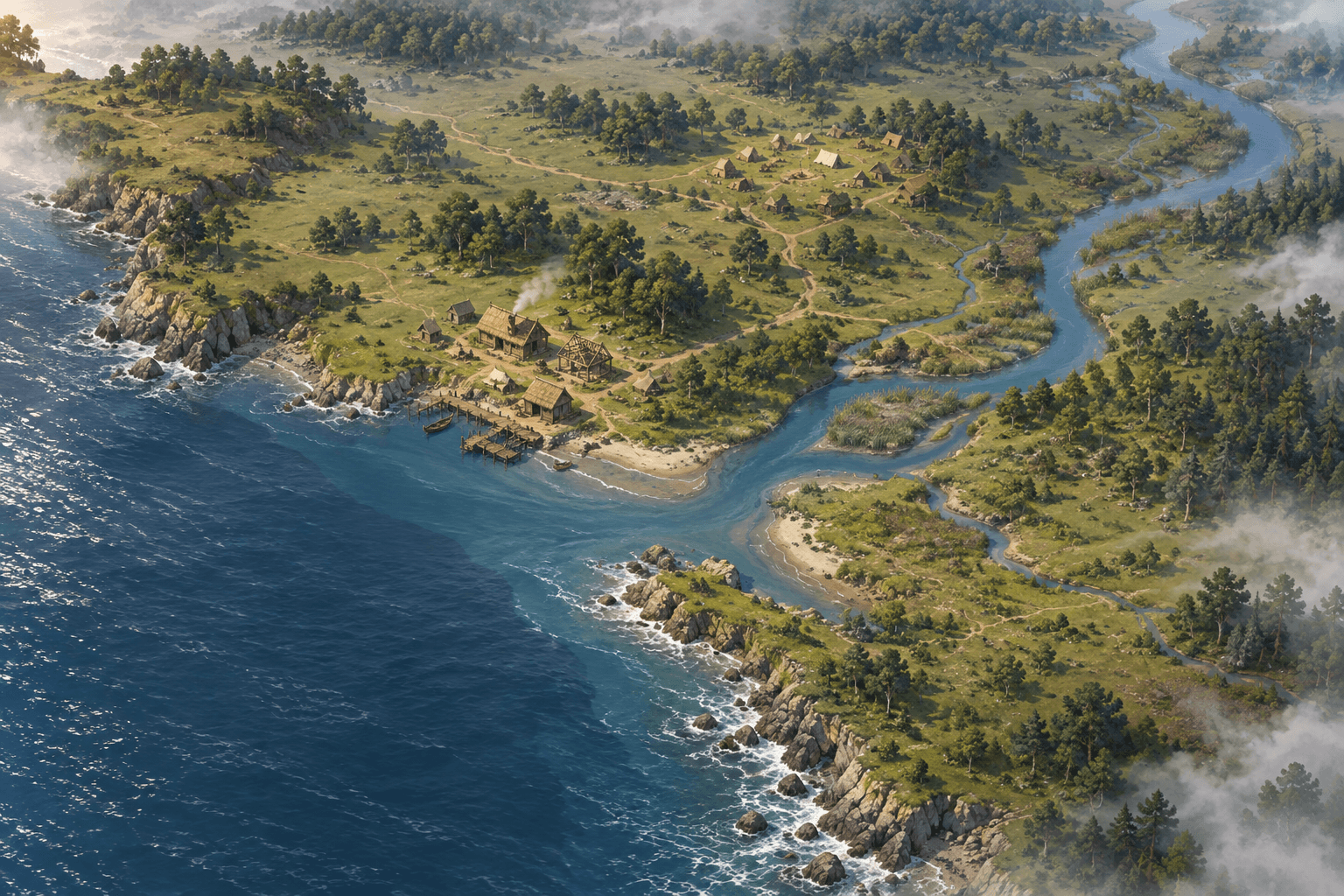 Wide concept view of the small Welp Central settlement at a river mouth with a campground farther inland